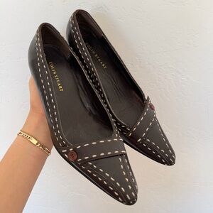 Sitched Pointed Toe Leather Mini Heels